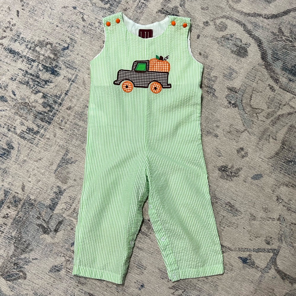 Lil Cactus Fall Pumpkin in a Truck seersucker overalls romper, size 18-24m